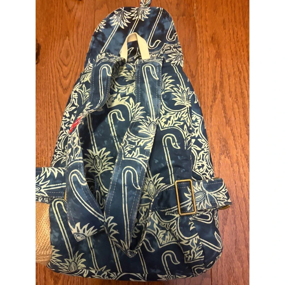 Taaluma‎ Totes Backpack Boho Blue Batik Straw Accent Drawstring Toggle OS